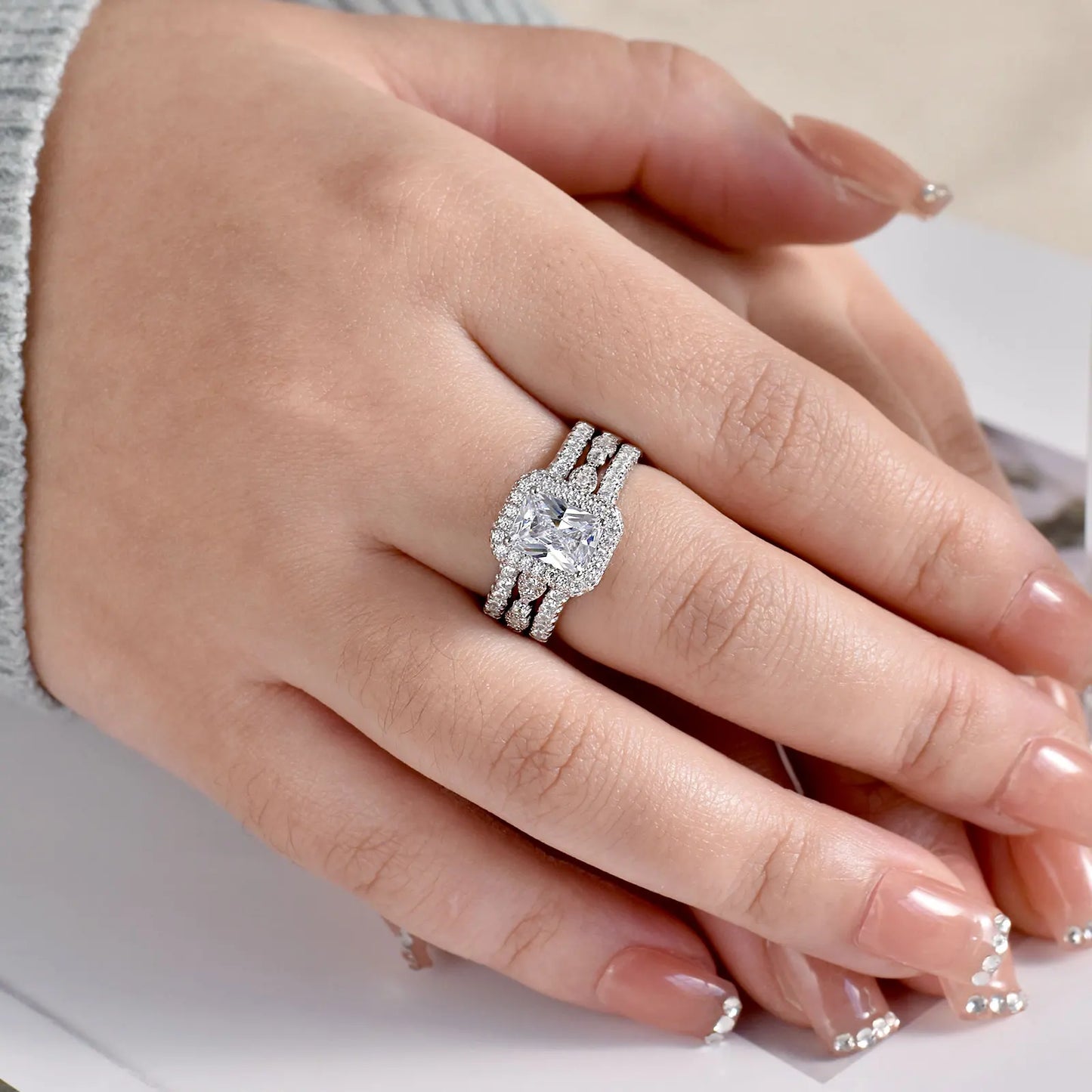Newshe Solid 925 Sterling Silver Moissanite /AAAAA Zircon Wedding Rings Set for Women Engagement Ring Detachable Guard Bands