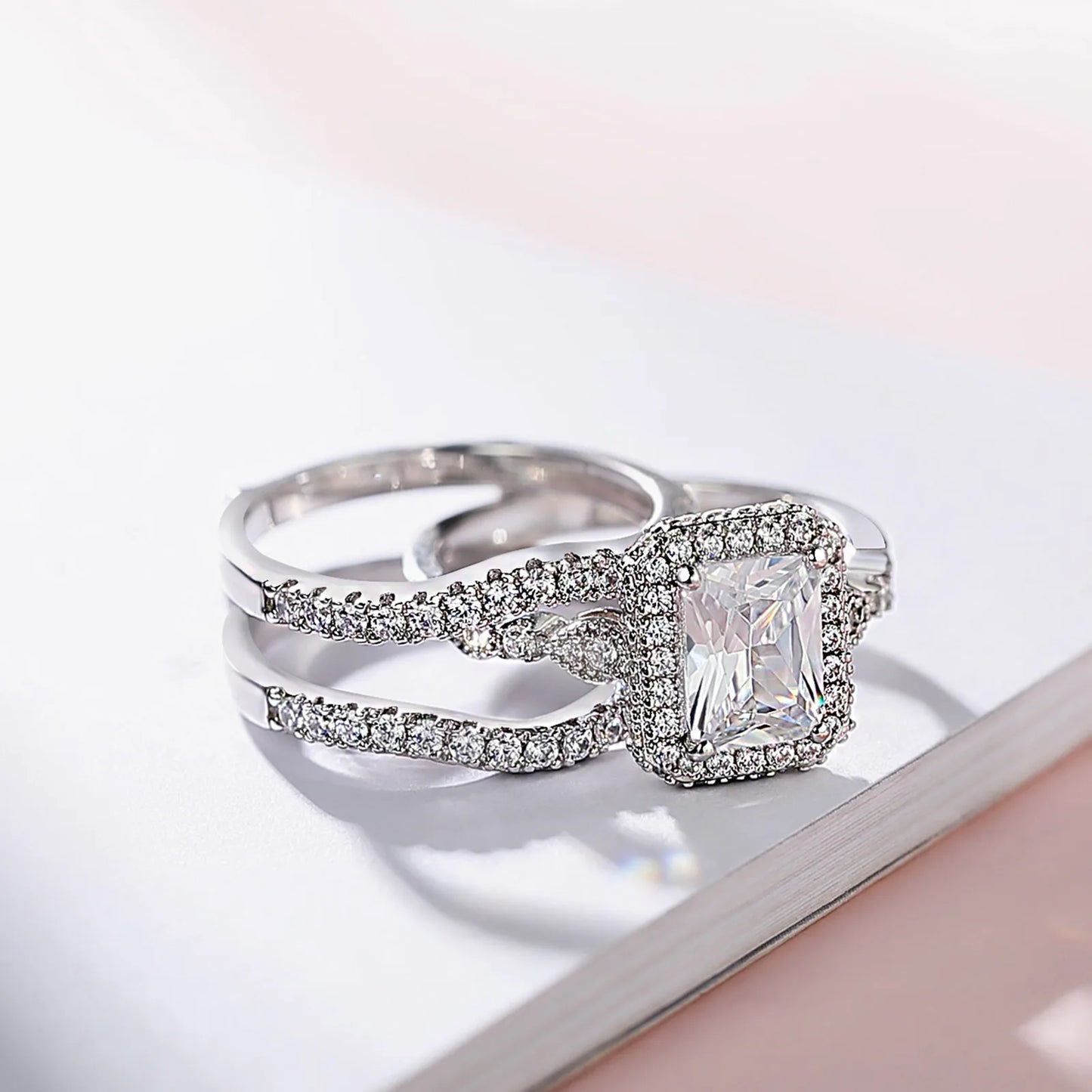 Newshe Solid 925 Sterling Silver Moissanite /AAAAA Zircon Wedding Rings Set for Women Engagement Ring Detachable Guard Bands