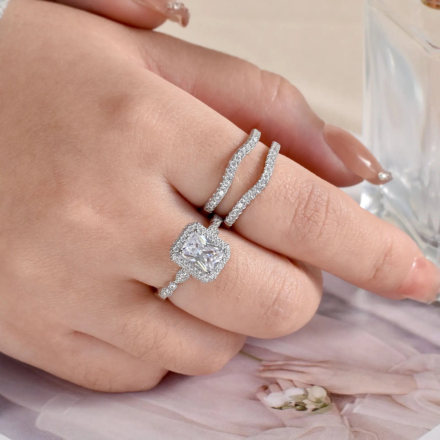 Newshe Solid 925 Sterling Silver Moissanite /AAAAA Zircon Wedding Rings Set for Women Engagement Ring Detachable Guard Bands